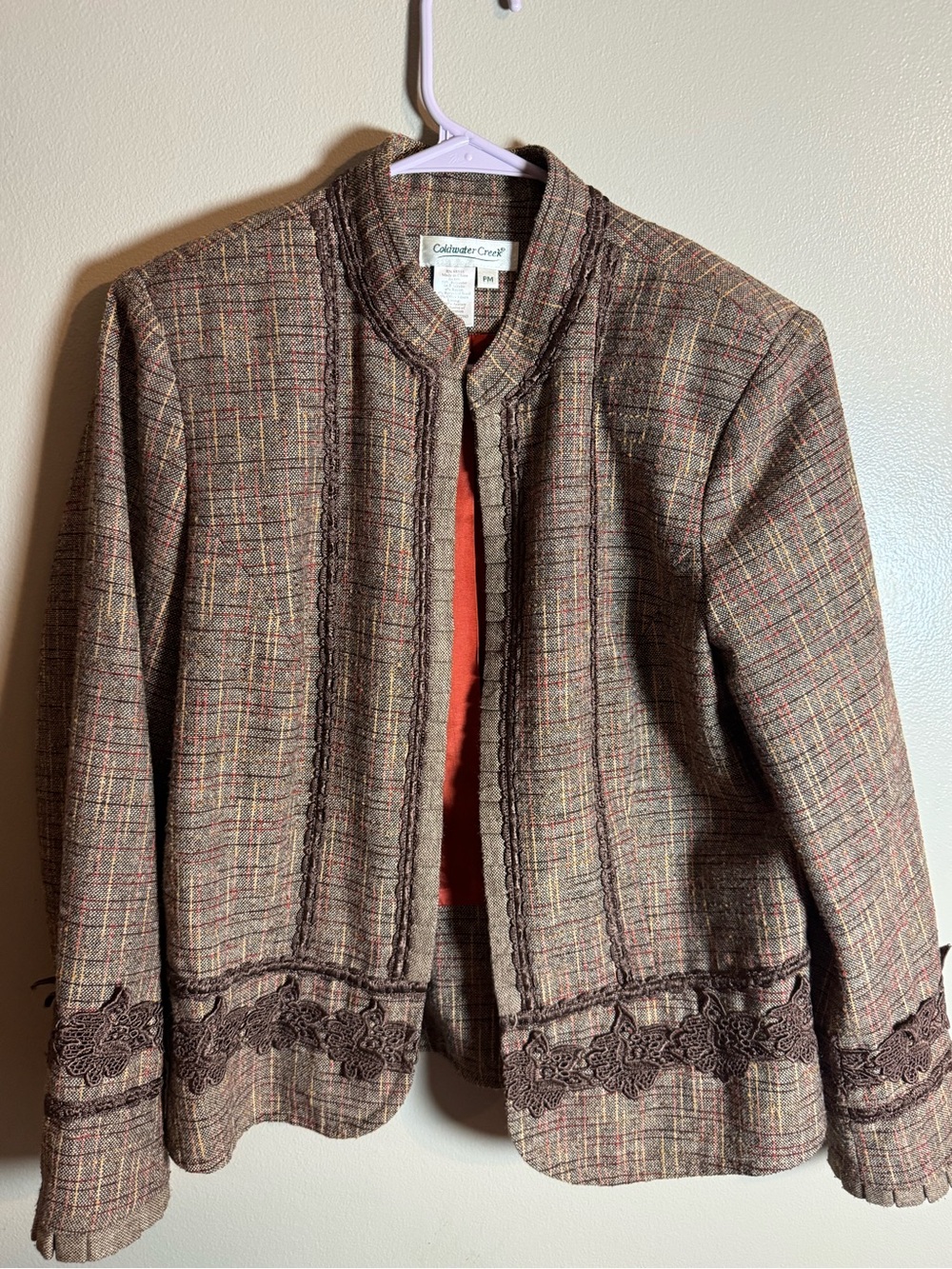 Coldwater Creek Brown Plaid Tweed Blazer with Lace Trim